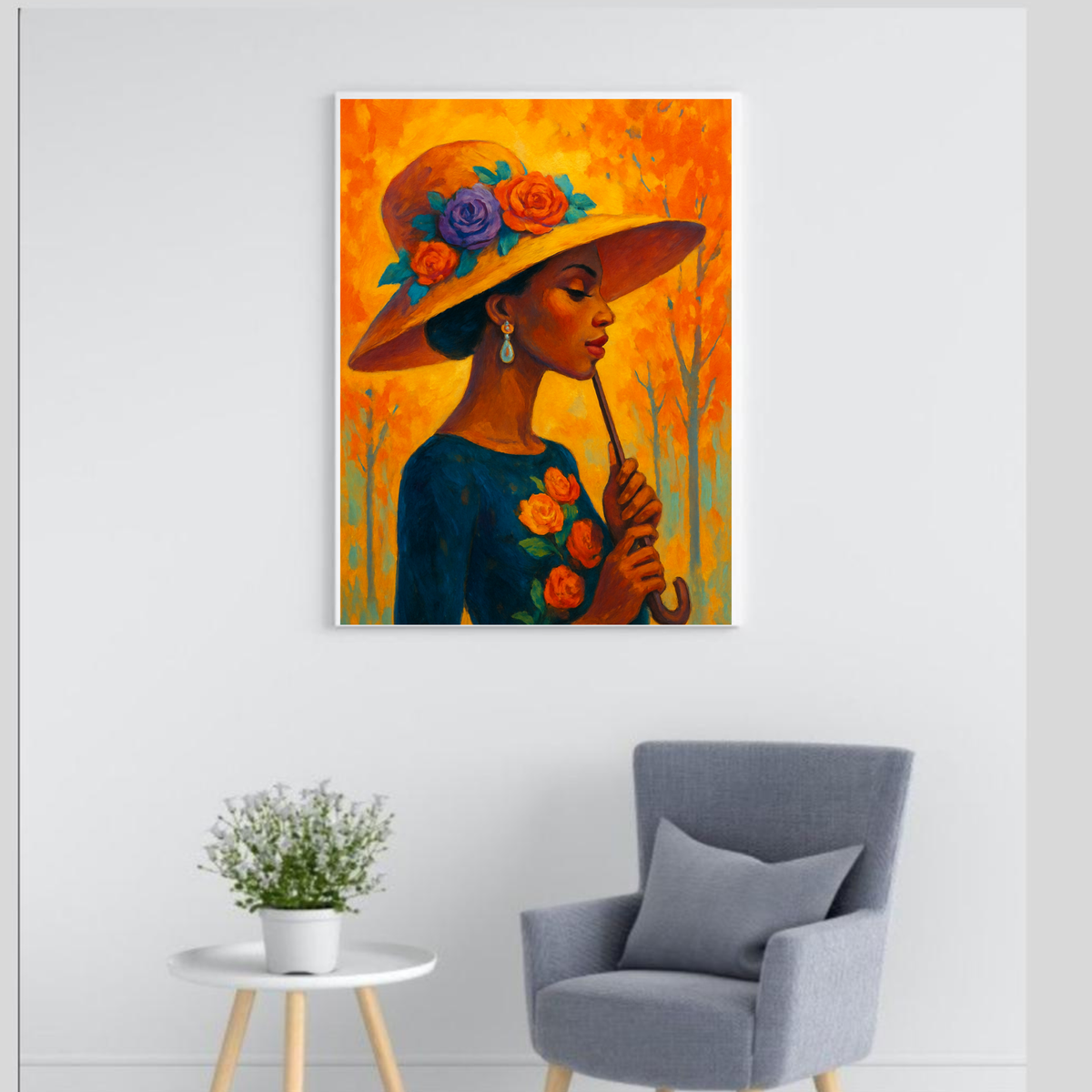 Piece African Woman Wall Art Set – Bold Orange Blue Yellow Portrait | Hat & Bouquet | 16×20 / 18×24 / 24×36