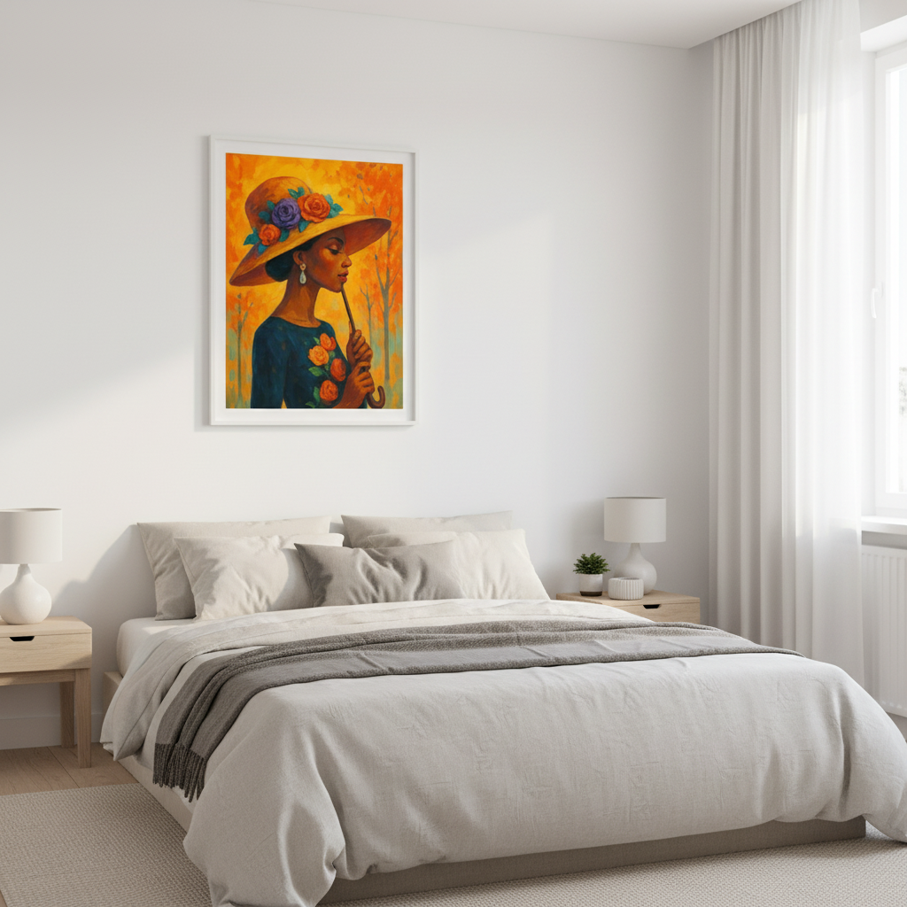 Piece African Woman Wall Art Set – Bold Orange Blue Yellow Portrait | Hat & Bouquet | 16×20 / 18×24 / 24×36