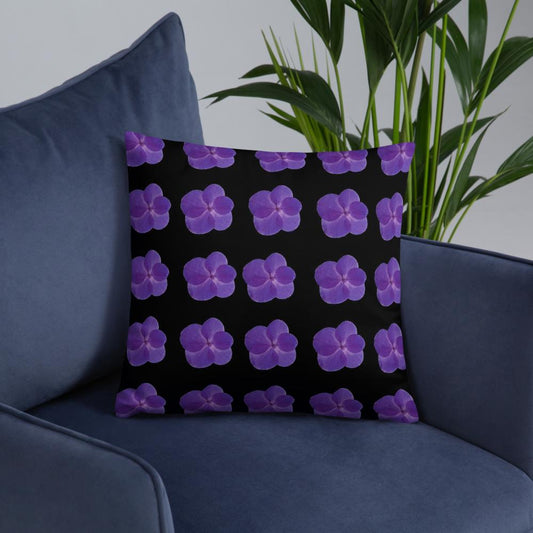 Black Throw Pillow with Lined Purple Flowers – 18x18” | Modern Minimal Floral Pattern