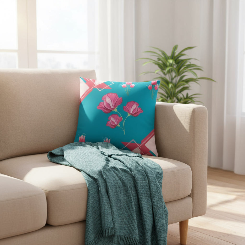 Blue Throw Pillow with Pink Flower & Triangle Accents – 18x18” | Bold Floral Geometric Design