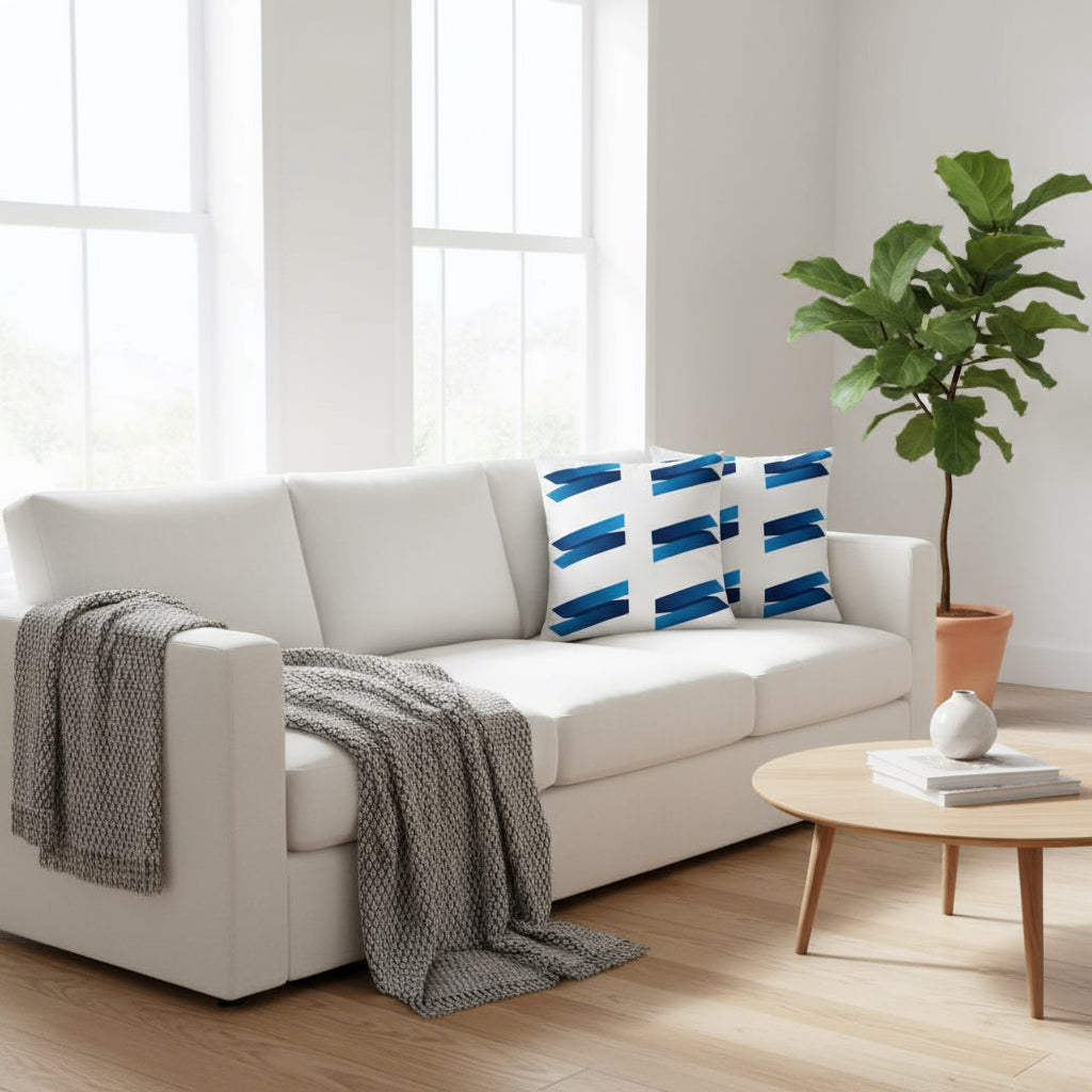 | White Throw Pillow with Blue Accents – Elegant 18x18 Decorative Cushion for Sofa or Bedroom”