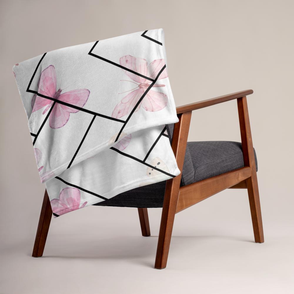 Pink Butterfly Zigzag Throw Blanket – 50x60” Soft White Fleece with Delicate Modern Design
