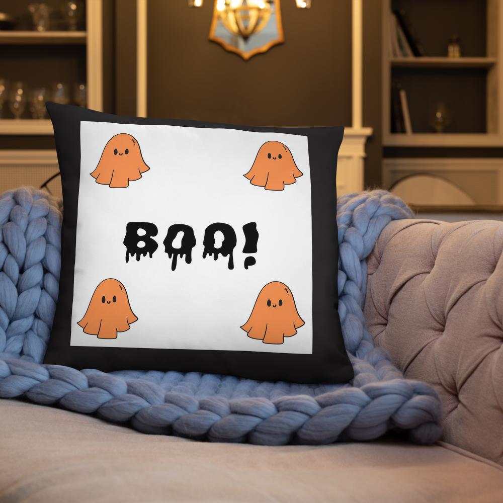 Halloween B.O.O. Throw Pillow – 18x18 Black, White & Orange Accent Cushion