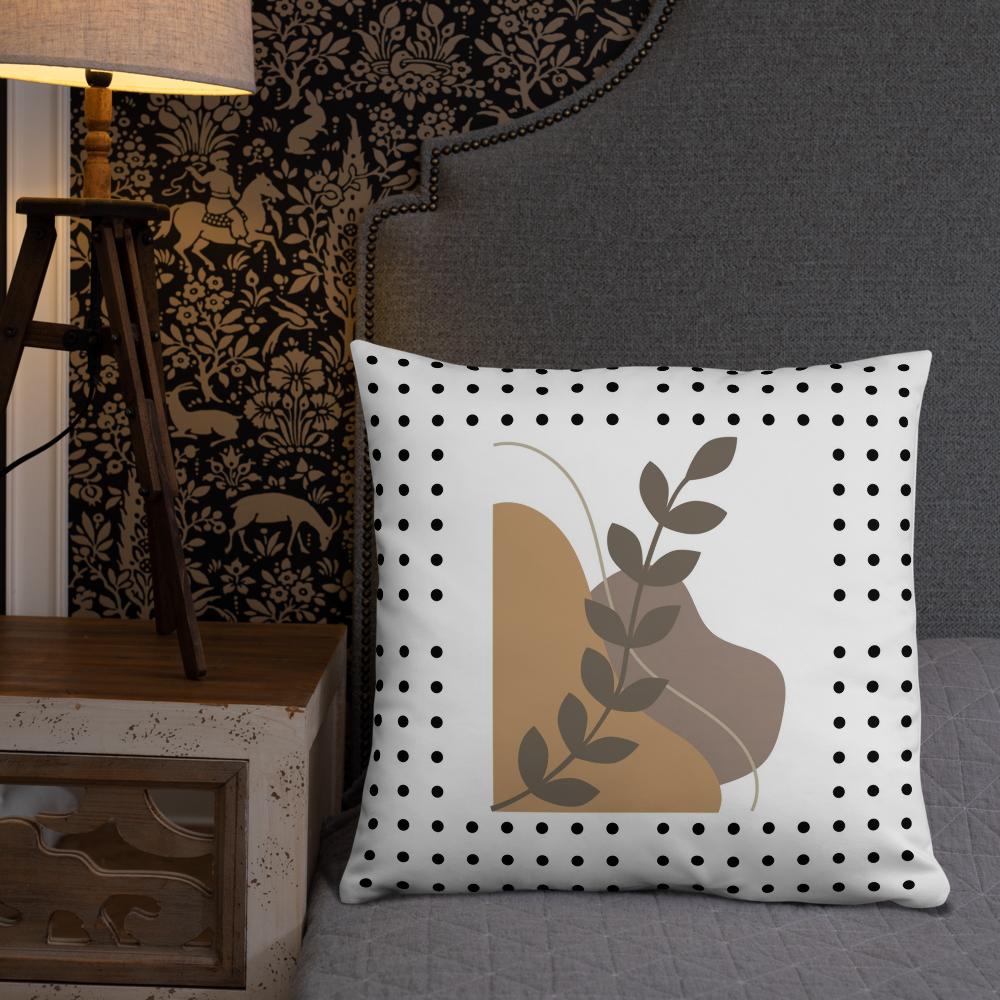 Boho Chic Throw Pillow – 22x22” | Brown Abstract Shapes & Leaf on White
