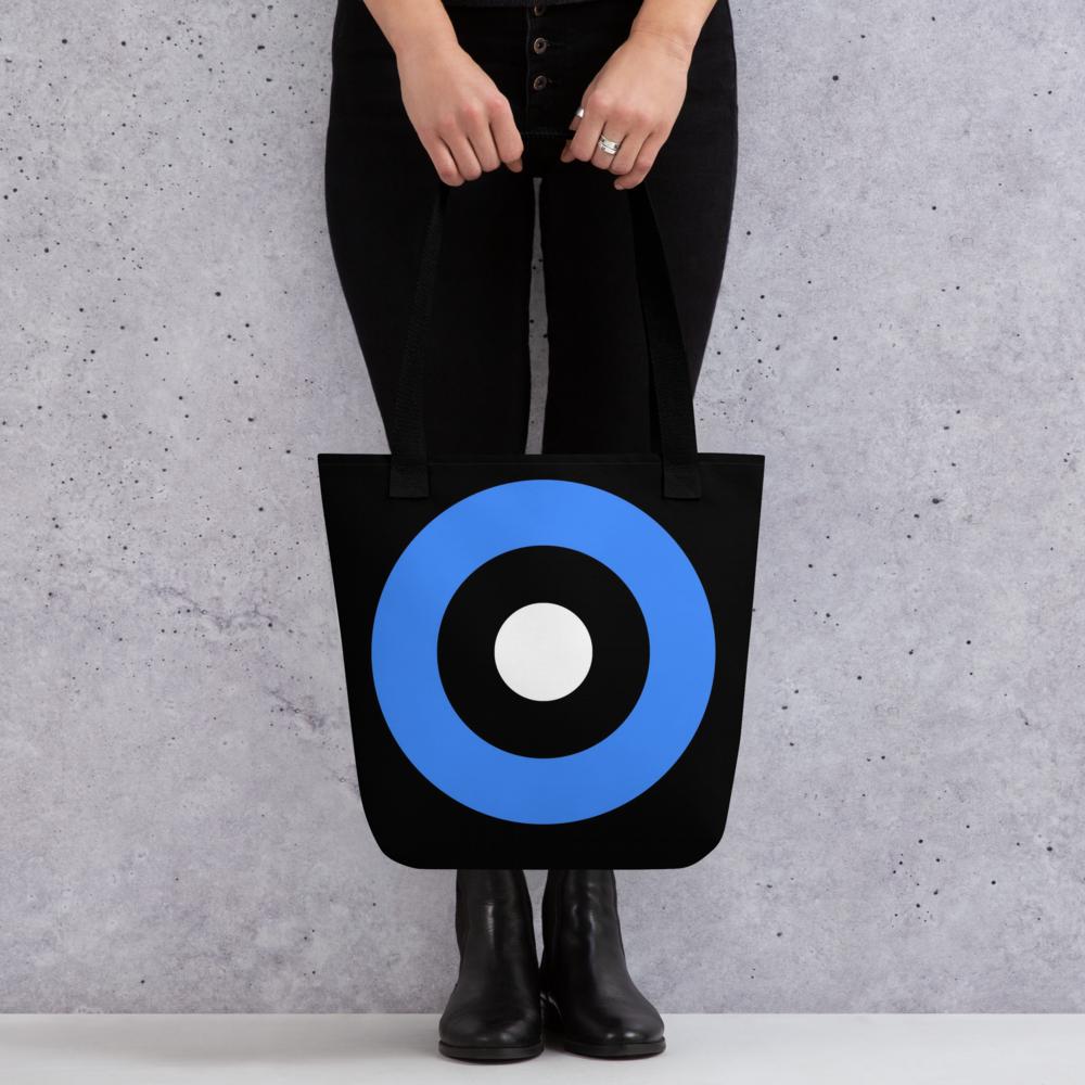 Black, Blue & White Abstract Circles Tote Bag – 15”x15” Modern Minimalist Carryall