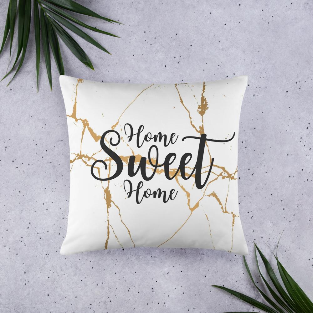 White Throw Pillow with Gold Design – “Home Sweet Home” Decorative Cushion 22x22”