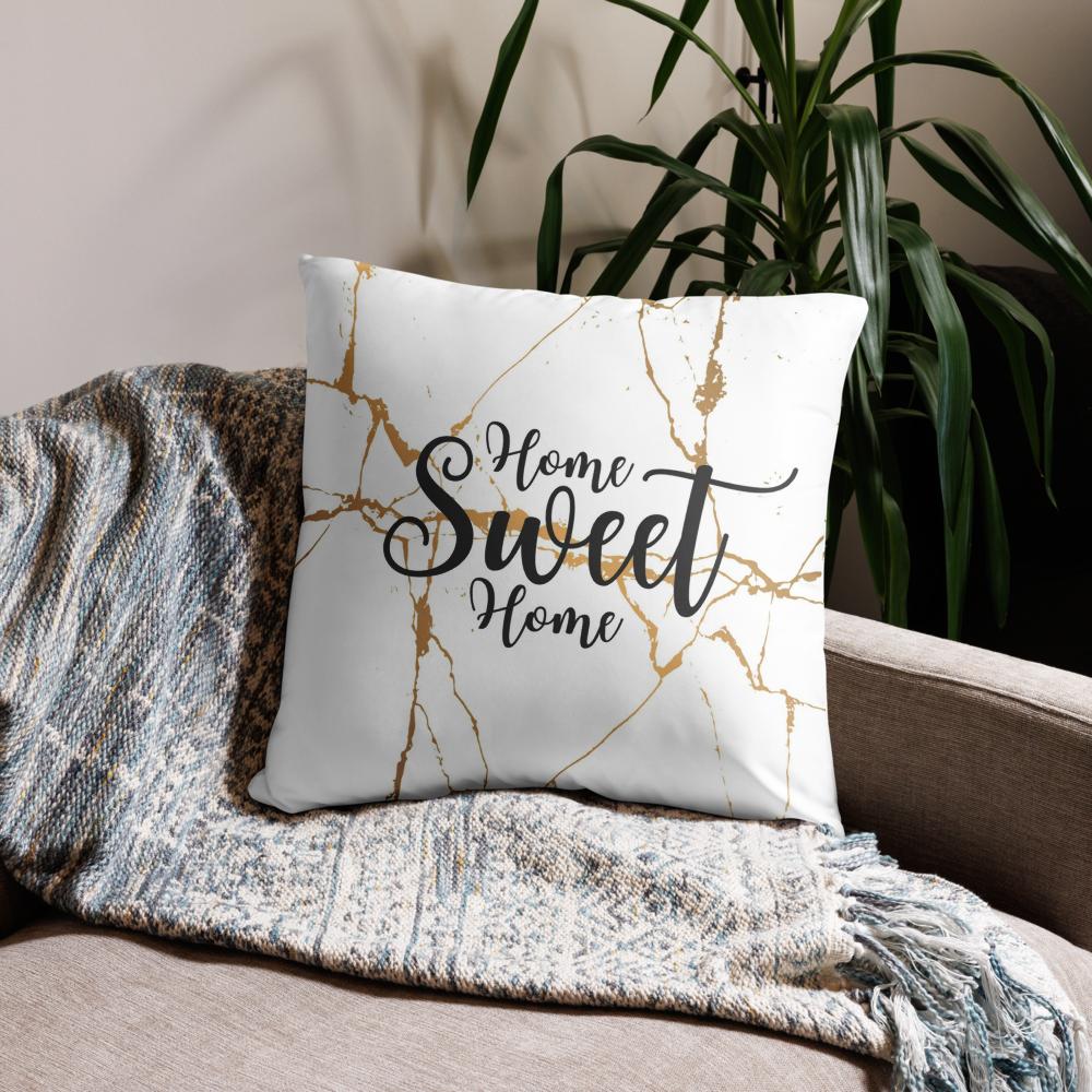 White Throw Pillow with Gold Design – “Home Sweet Home” Decorative Cushion 22x22”