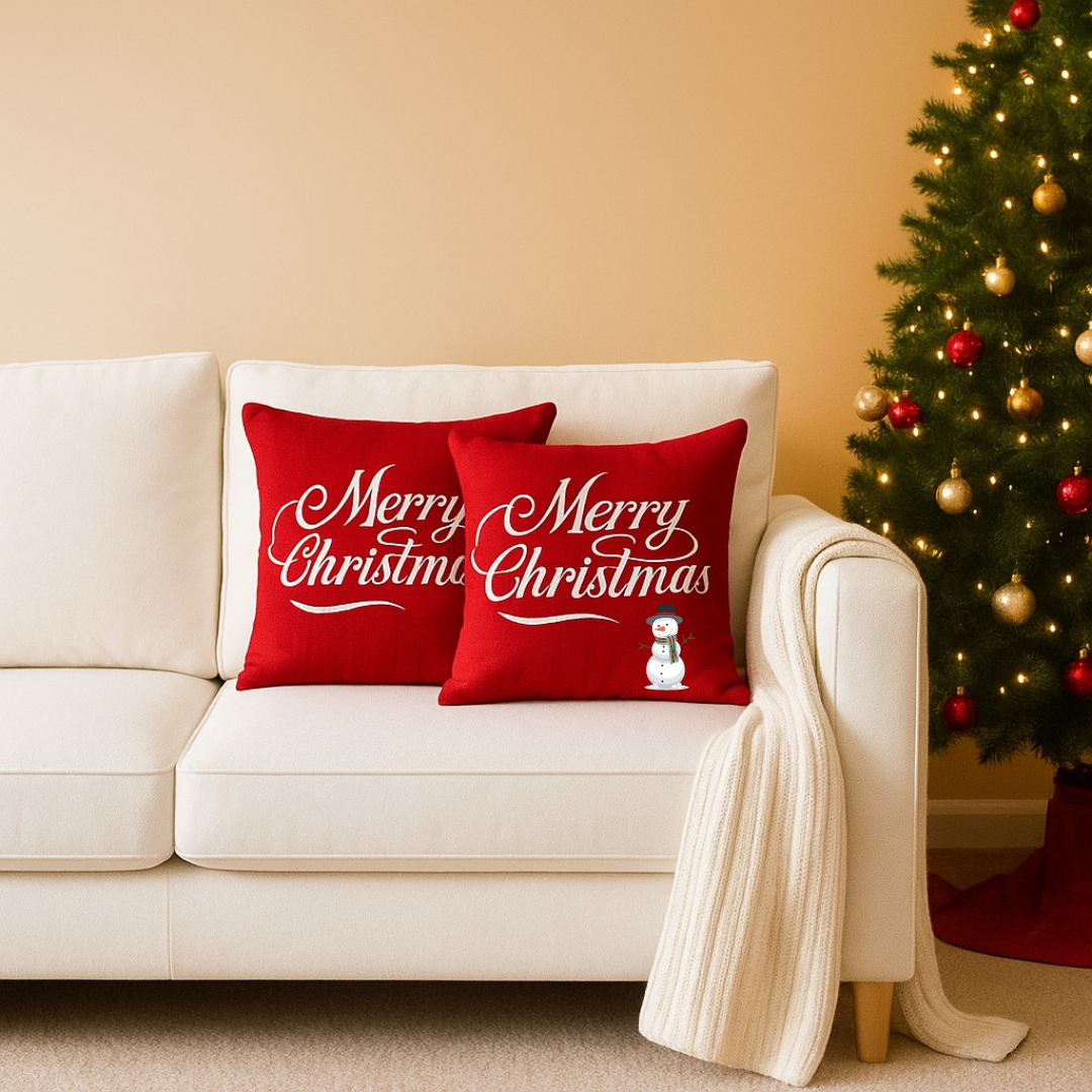 Red Merry Christmas Throw Pillow – White Snowman Design – 18×18 & 22×22 in