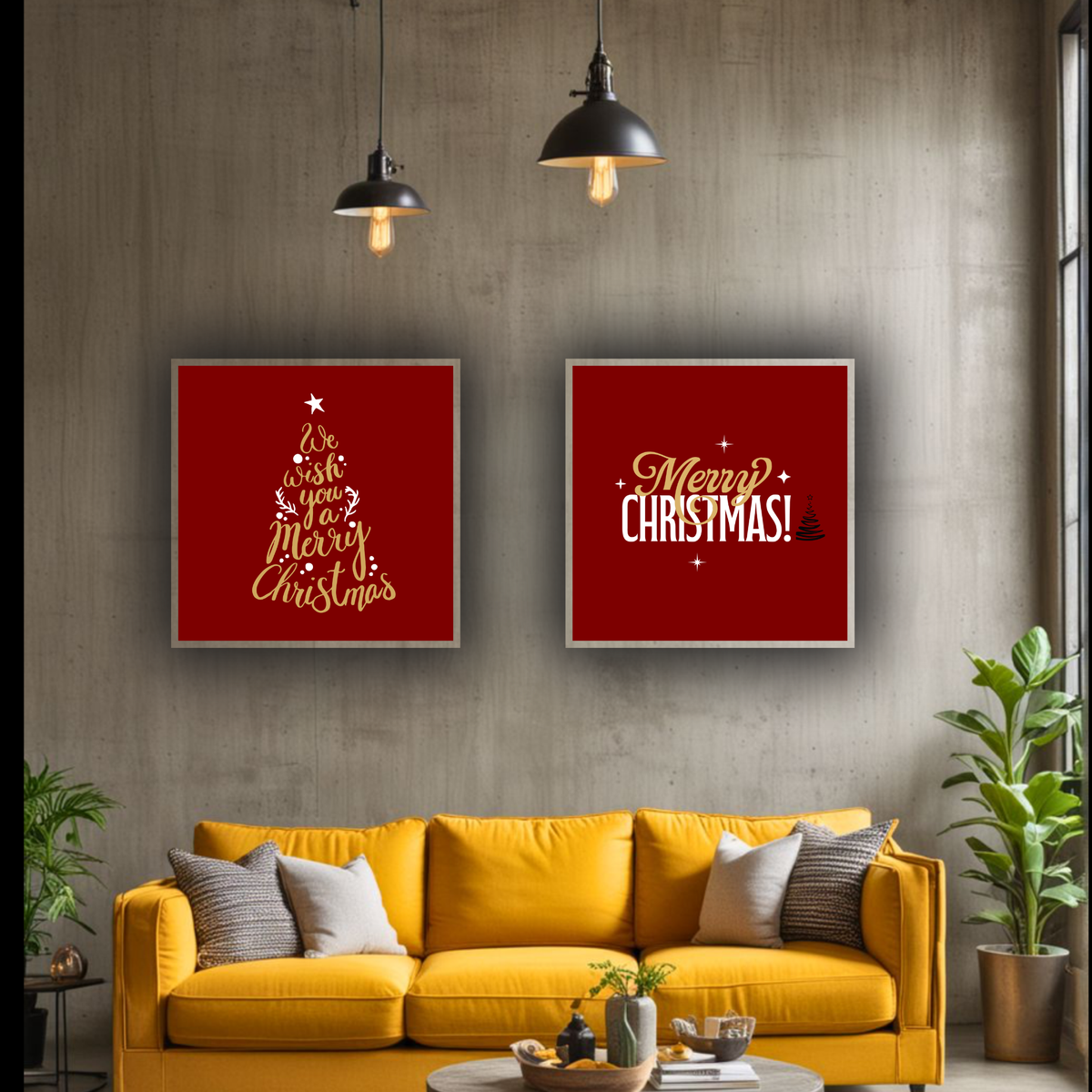 Red Christmas Wall Art Set of 2 | Square Holiday Prints | Red White and Gold Digital Download | Modern Festive Wall Decor