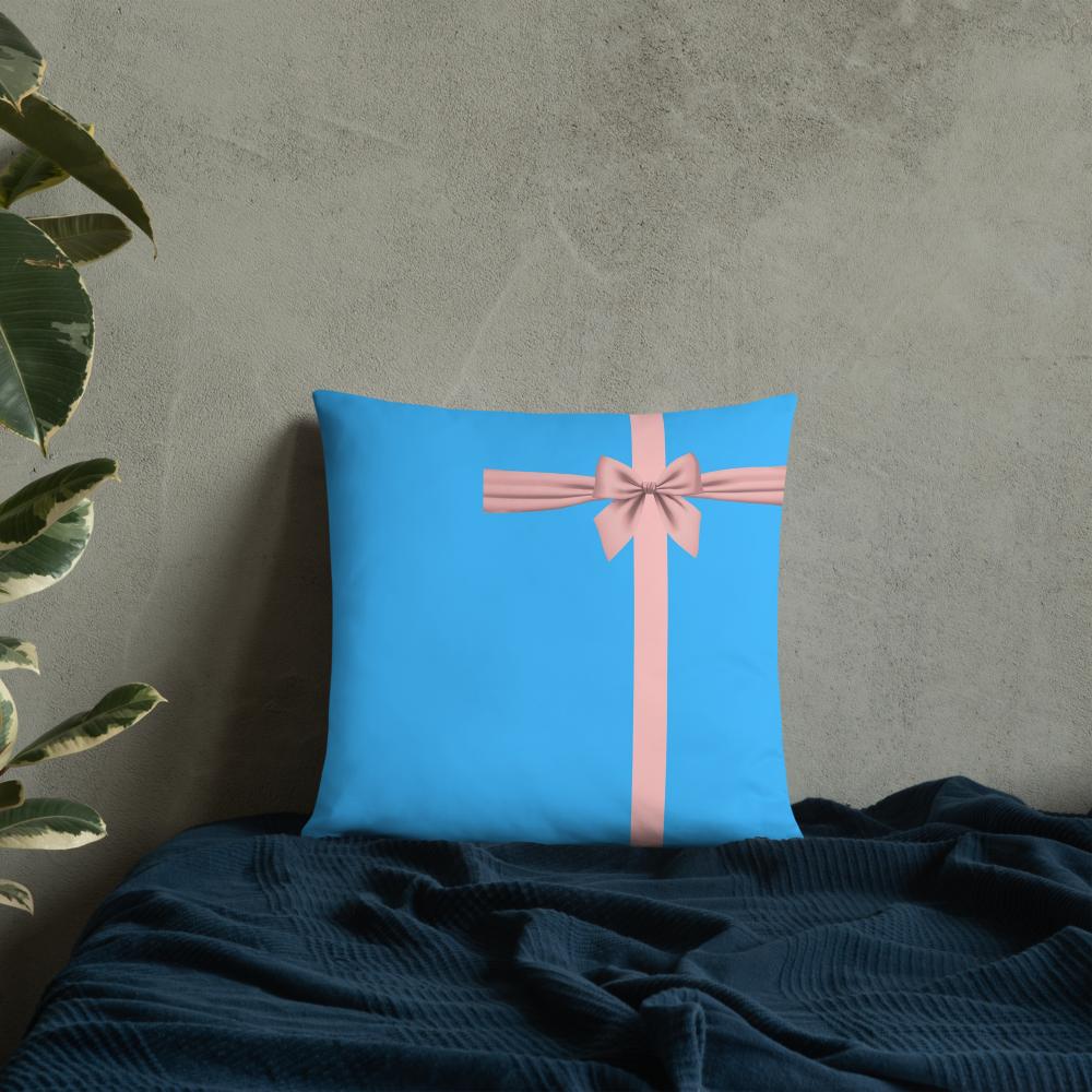 Blue Throw Pillow with Pink Line & Bow – 18x18” & 22x22”