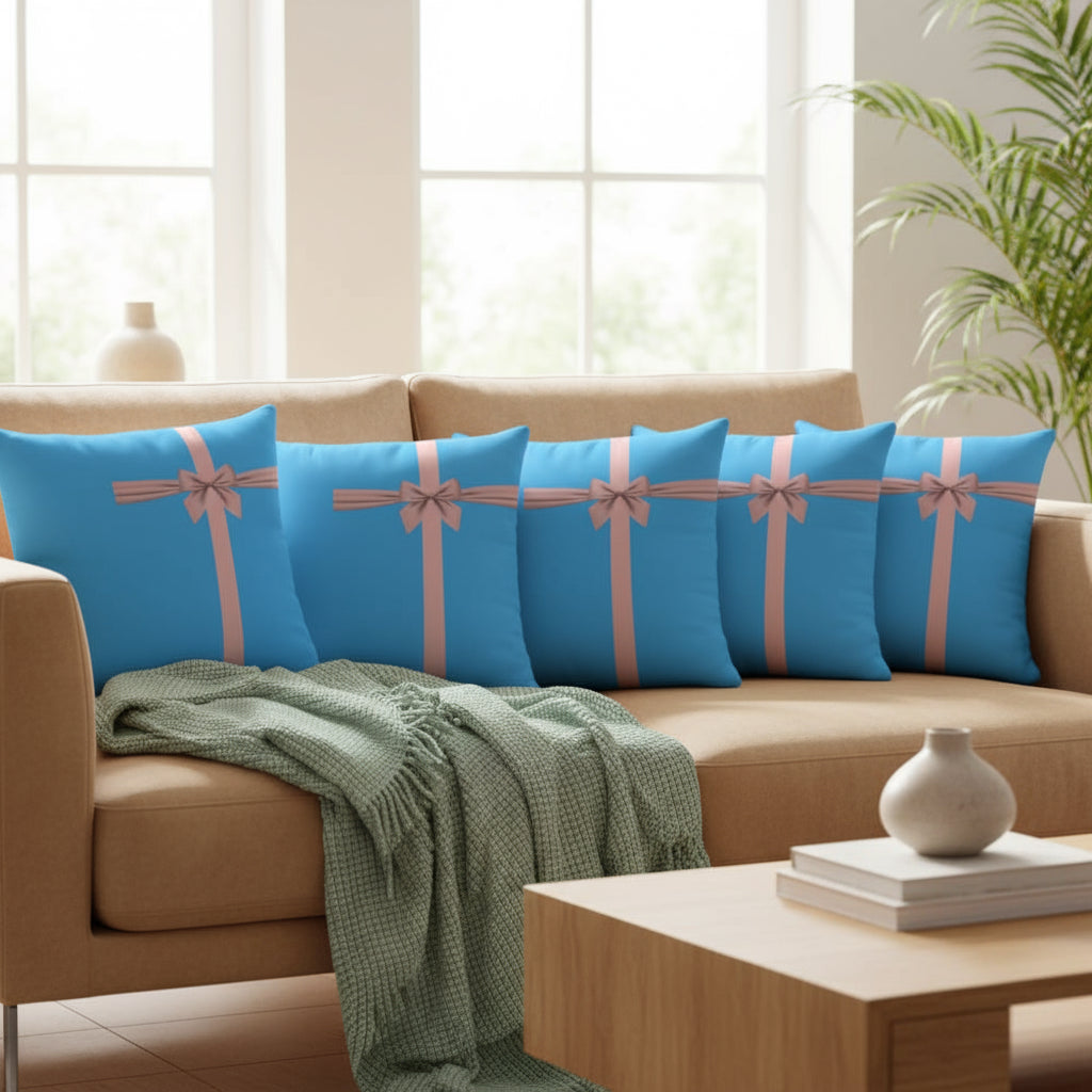 Blue Throw Pillow with Pink Line & Bow – 18x18” & 22x22”
