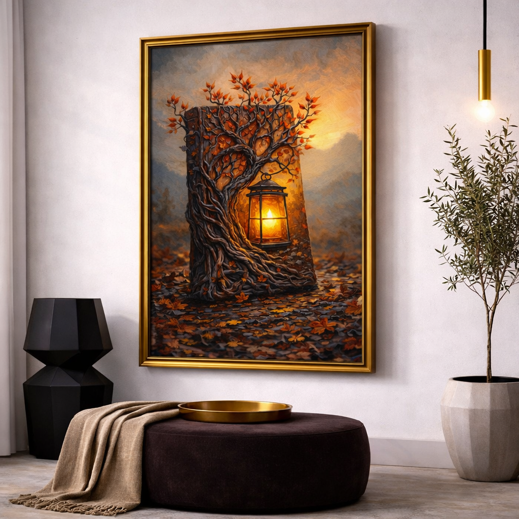 Autumn Lantern & Golden Doorway Wall Art Set – Cozy Fall Fantasy Printable – Warm Rustic Living Room Digital Download (11x14, 16x20, 18x24, 24x36)