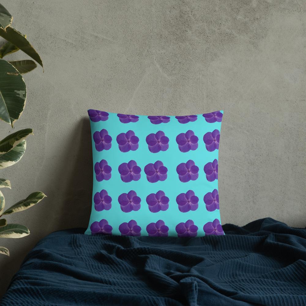 Mint Green Throw Pillow with Purple Flower Pattern – 18x18” | Soft Botanical Accent
