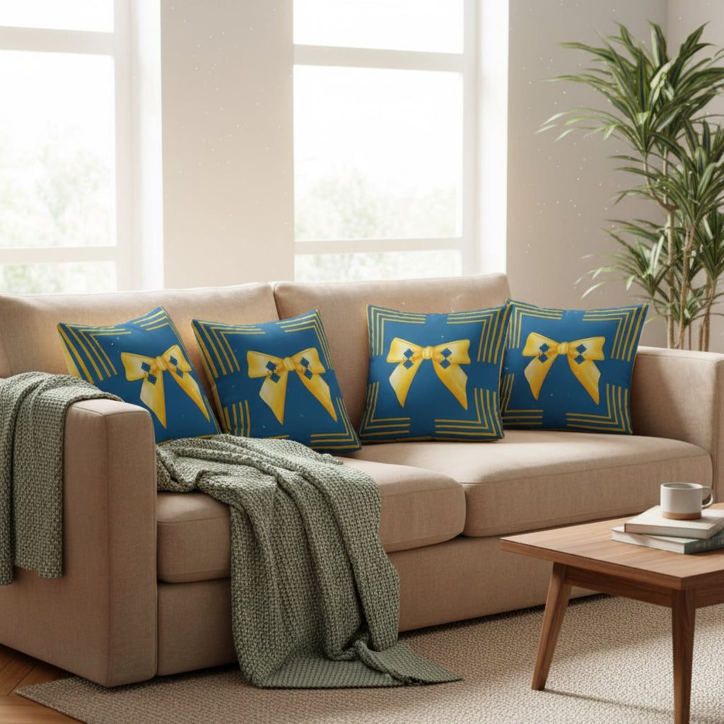 Modern Blue Square Pillow with Yellow Detailing – 18x18 Sofa & Bed Accent Decor