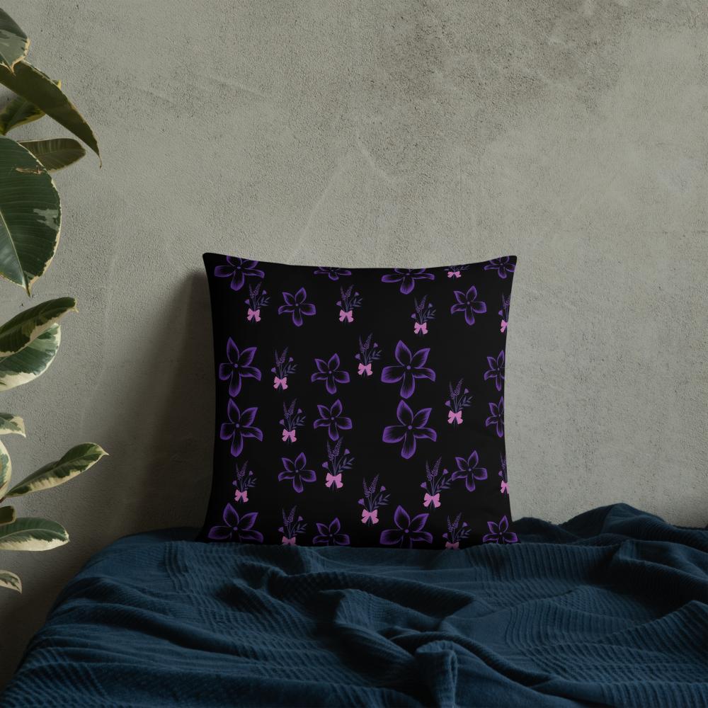 Black Throw Pillow with Purple Flowers & Butterflies – 18x18” | Elegant Night Garden Design