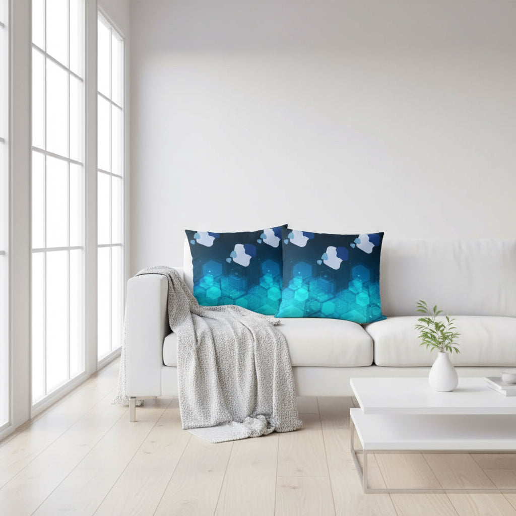 Dark Blue Throw Pillow with Geometric Shapes – 18x18” | Green, Blue & Gray Modern Design