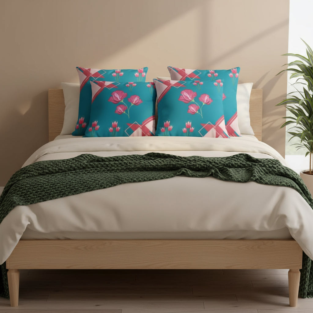 Blue Throw Pillow with Pink Flower & Triangle Accents – 18x18” | Bold Floral Geometric Design