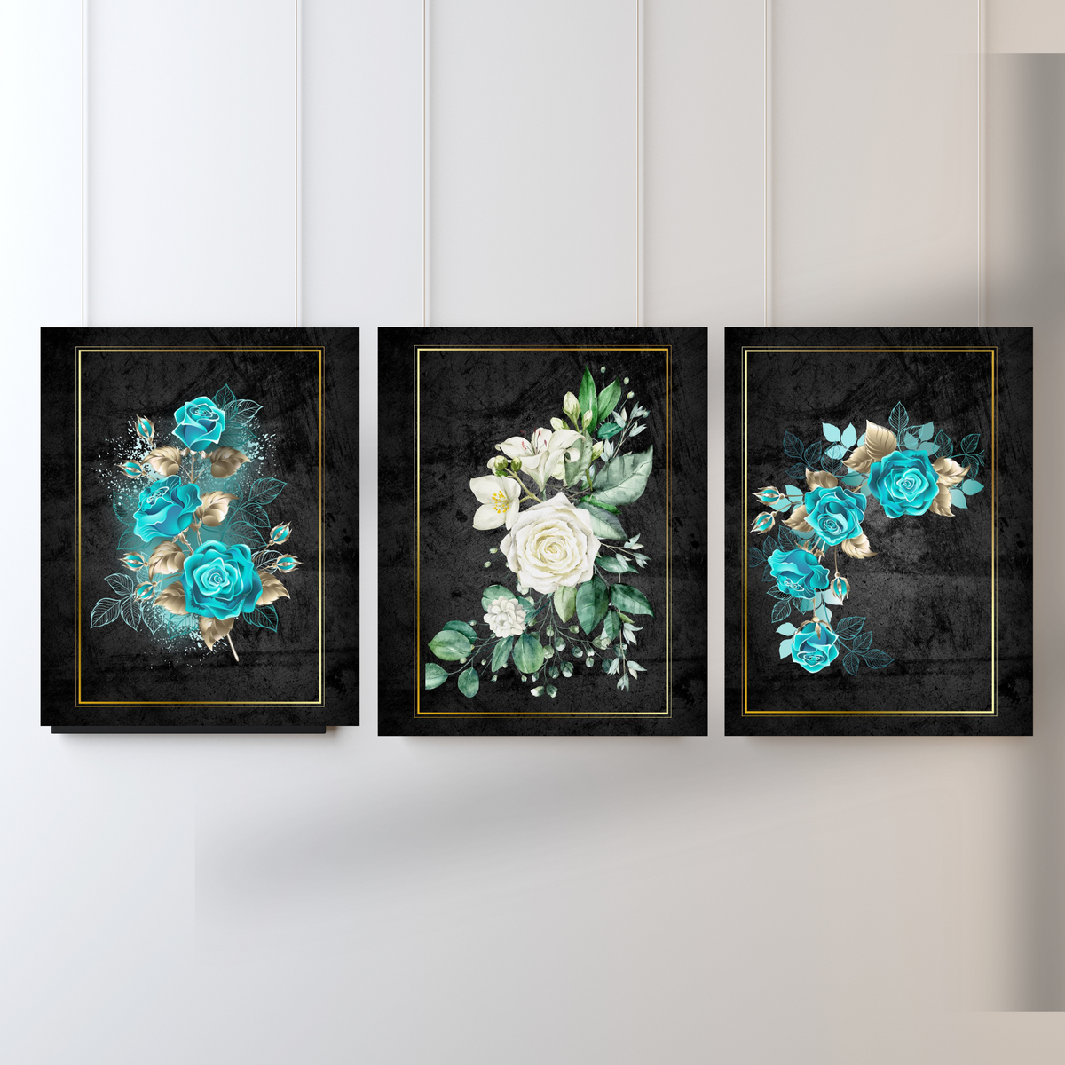 Degeta Wall Art Set of 3 – Green Flora on Glossy Background with Gold Frame Accents (Digital Download)
