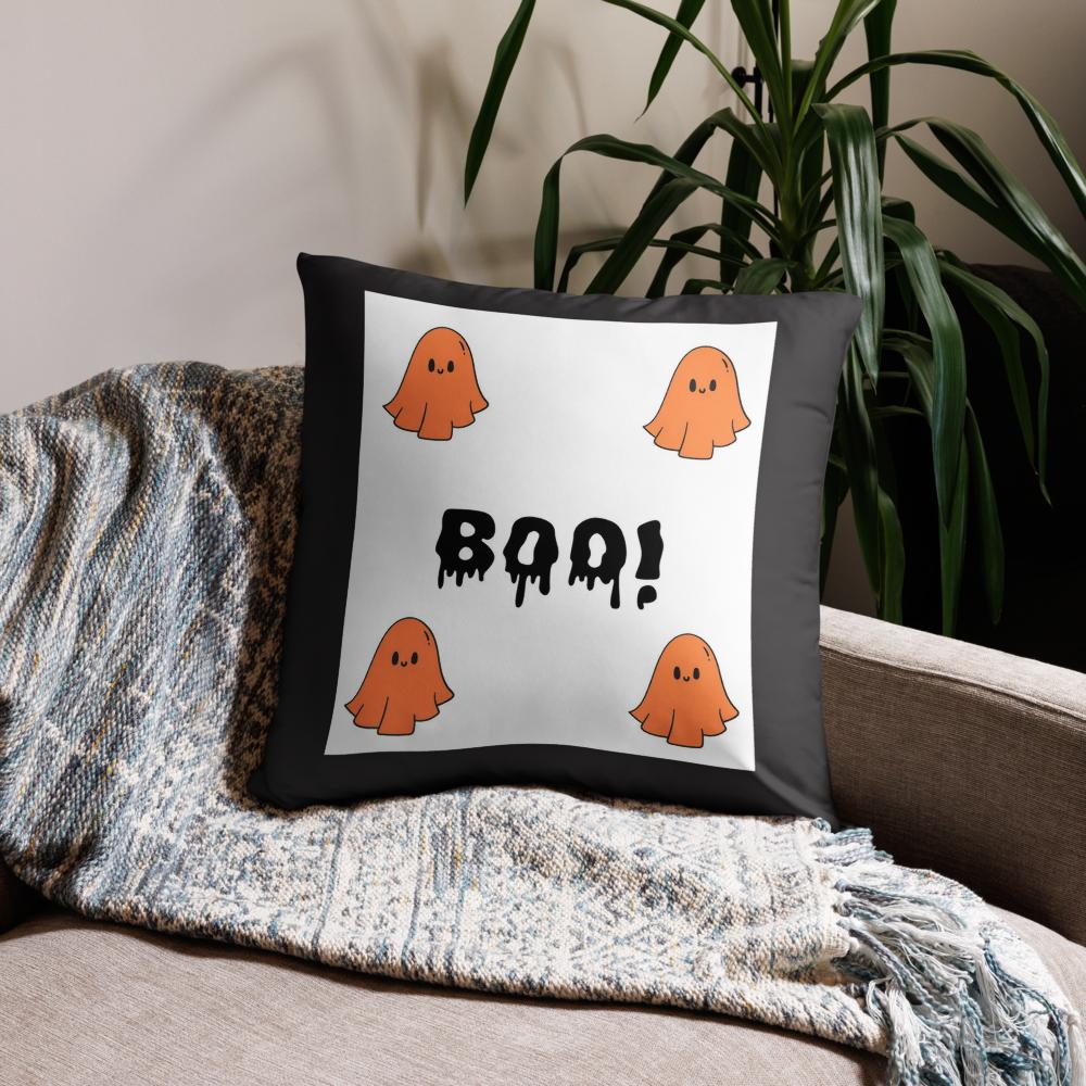 Halloween B.O.O. Throw Pillow – 18x18 Black, White & Orange Accent Cushion