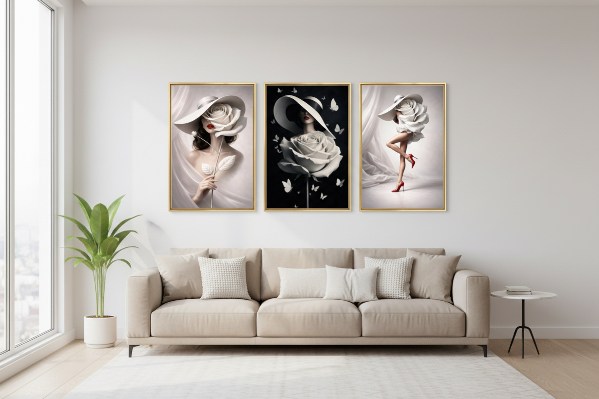 Elegant Fashion Wall Art Bundle with White Rose – 3 Printable Artworks, Instant Download