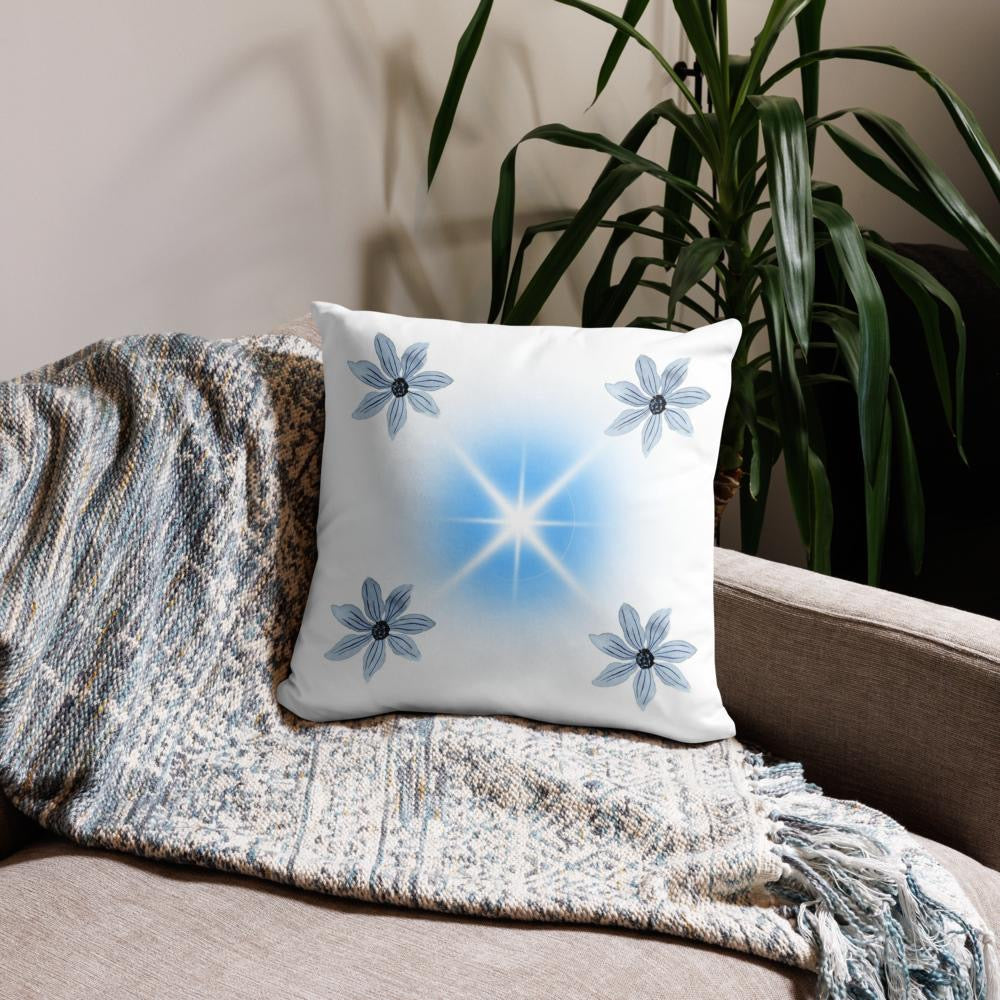 White Throw Pillow with Blue Accents – Elegant 18x18 Decorative Cushion for Sofa or Bedroom”