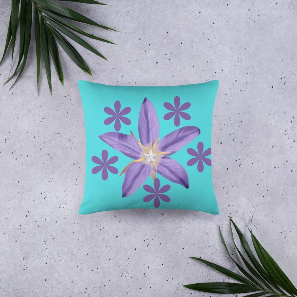 Mint Green Throw Pillow with Purple Flower Cluster – 18x18” | Artistic Floral Centerpiece