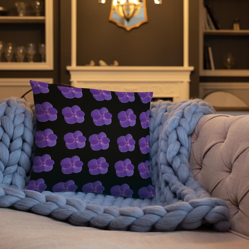 Black Throw Pillow with Lined Purple Flowers – 18x18” | Modern Minimal Floral Pattern