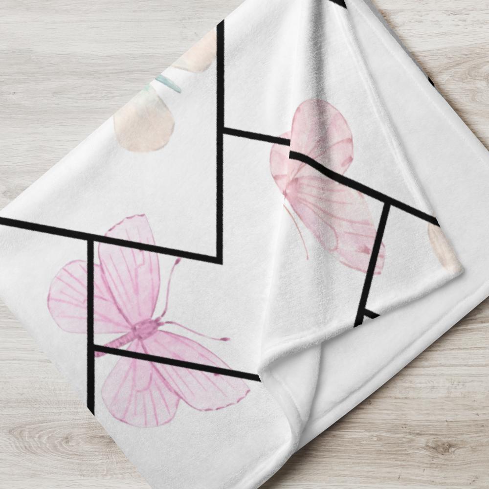 Pink Butterfly Zigzag Throw Blanket – 50x60” Soft White Fleece with Delicate Modern Design