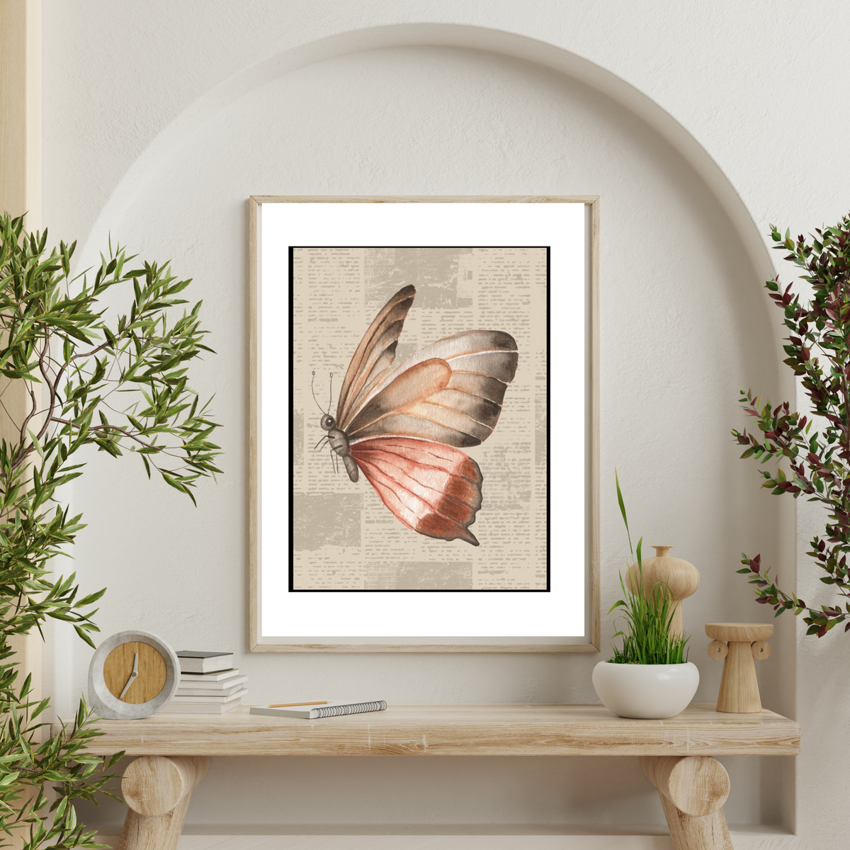 Vintage Wall Art Set – 3-Piece Digital Download with Butterfly, Newspaper & Classic Beige (16x20, 18x24, 24x36 Inches)