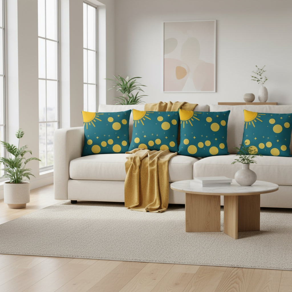 Green Throw Pillow with Sun, Circles & Diamonds – 18x18” | Playful Geometric Accent