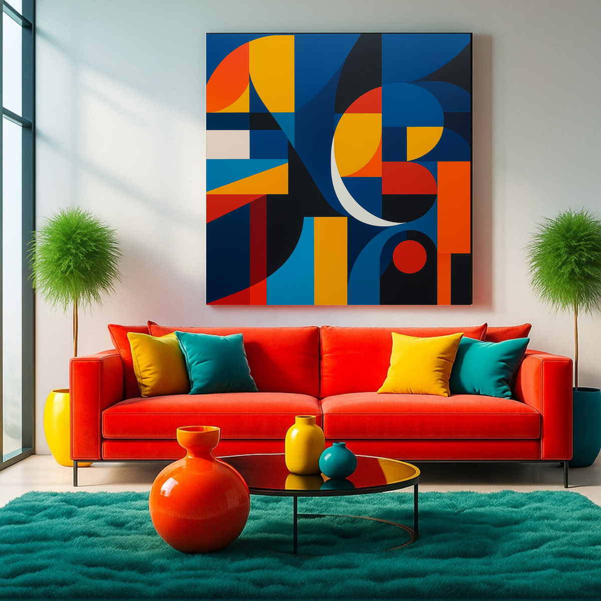 Bold Multicolored Abstract Wall Art – Red, Orange, Blue, White & Black Digital Print | Square Download (20x20, 24x24, 36x36)