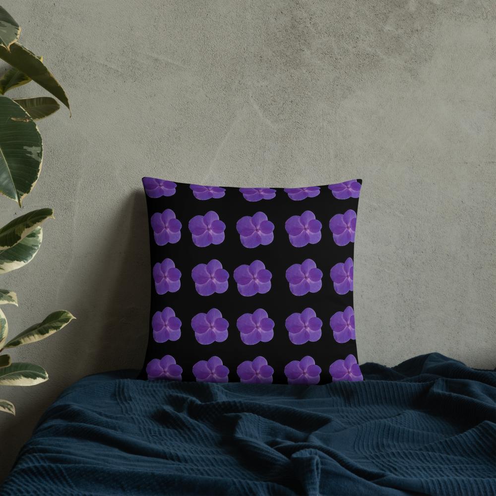 Black Throw Pillow with Lined Purple Flowers – 18x18” | Modern Minimal Floral Pattern