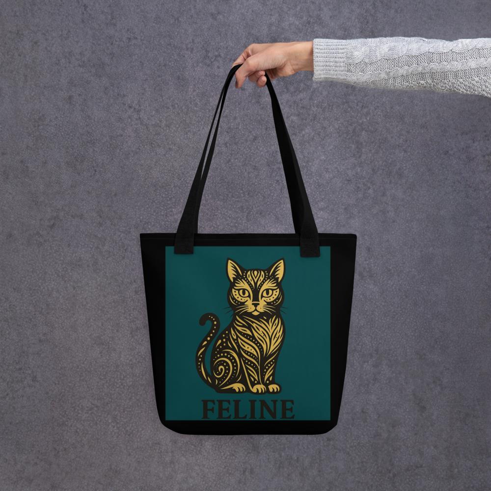 Cat Lover Tote Bag – 15x15 Green and Black Reusable Shoulder Bag for Pet Owners