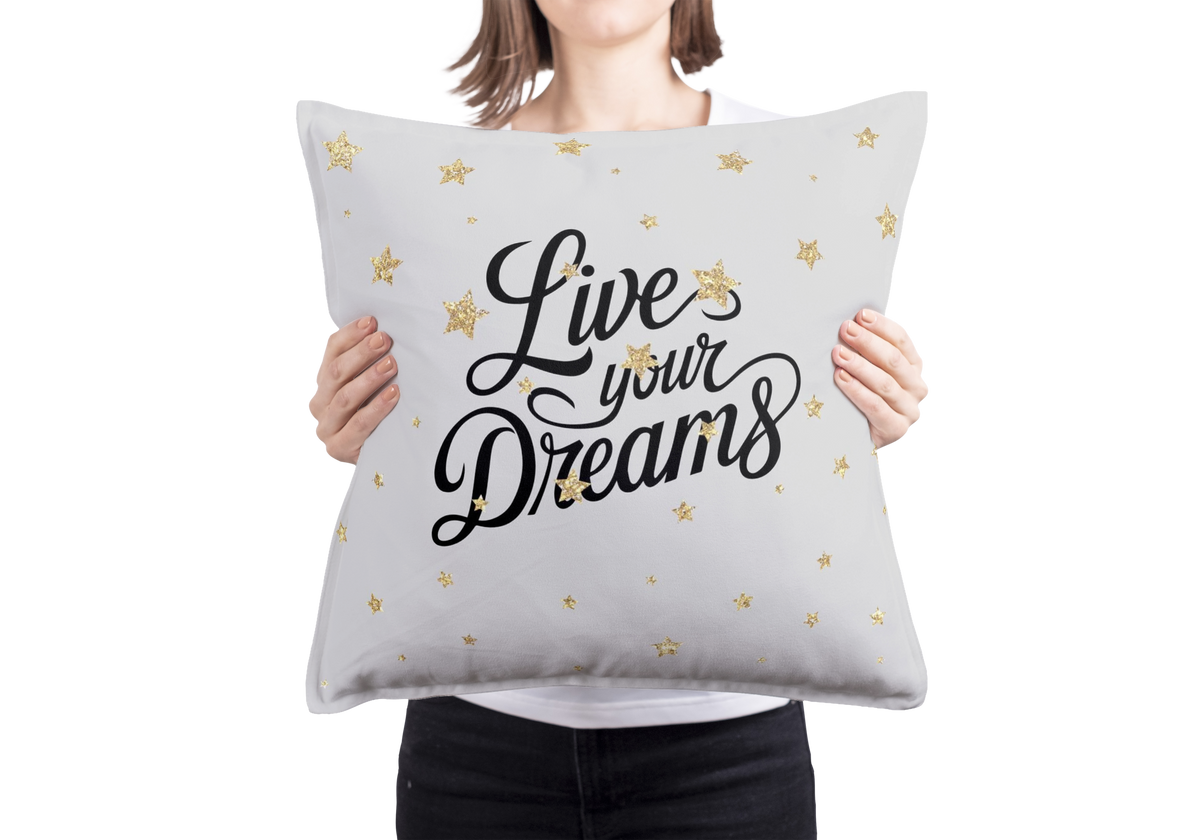 Live Your Dreams Throw Pillow – Inspirational Quote with Gold Stars (18x18”)