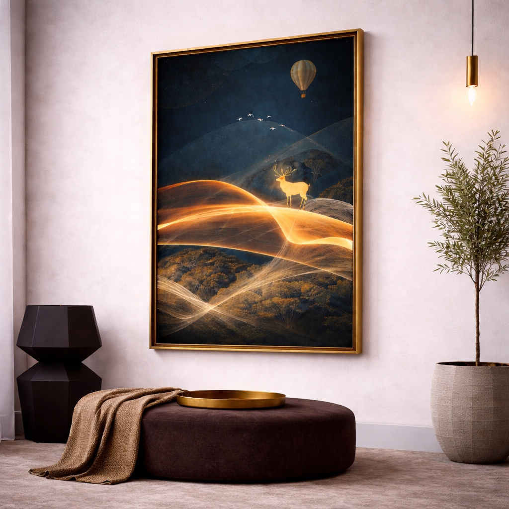 Moonlit Gold Deer Wall Art Set – Navy Blue Celestial Landscape Printable – Modern Luxury Digital Download (11x14, 16x20, 18x24, 24x36)