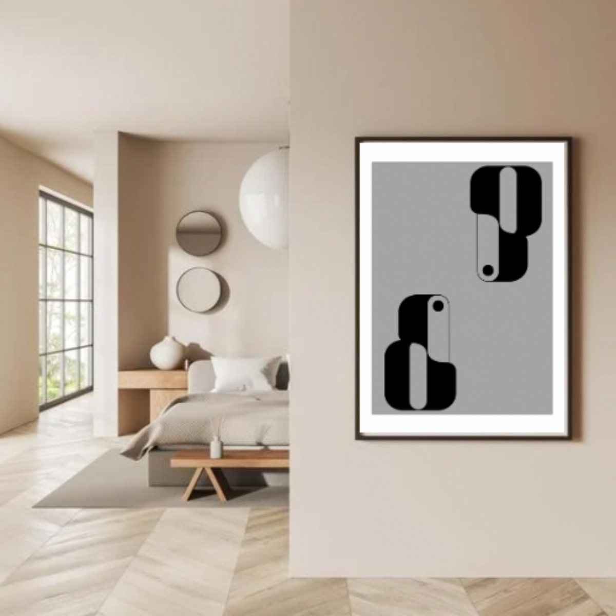 Boho Wall Art Set – 4-Piece Digital Download with White Panels, Light Gray Background & Black Boho Designs (16x20, 18x24, 24x36 Inches)