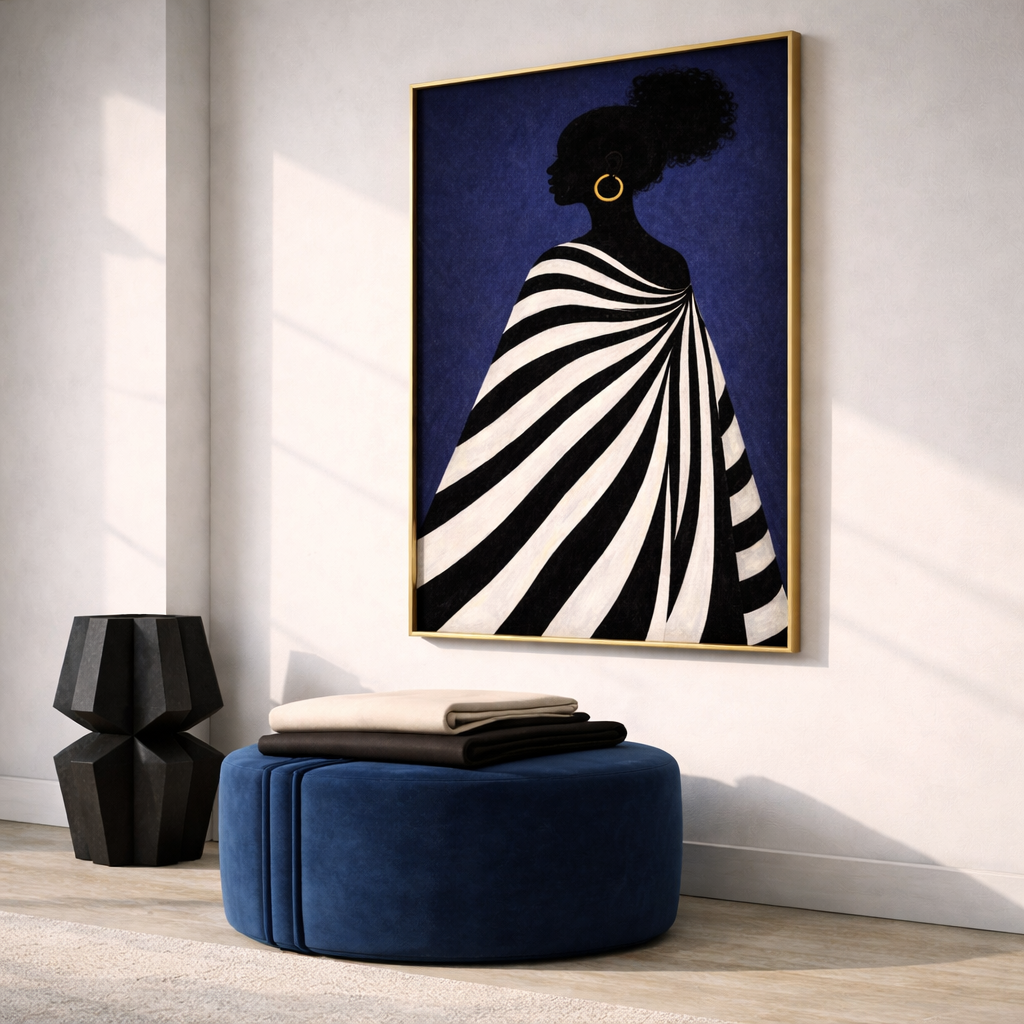 Modern Afrocentric Silhouette Wall Art Set – Black and White Striped Fashion Printable – Navy Blue Digital Download (11x14, 16x20, 18x24, 24x36)
