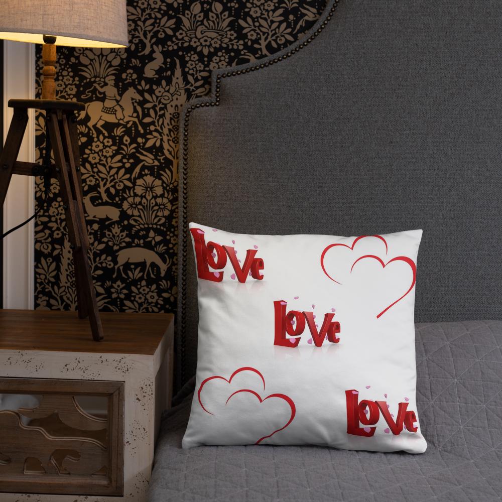 Red & White “Love” Heart Pillow – Romantic Typography Decor – 18x18 Inch