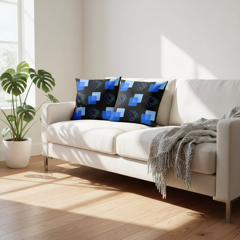 Geometric Blues Throw Pillow – 18×18” Modern Abstract Decor in Black & Mint