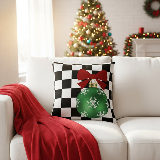 Black & White Checkered Christmas Throw Pillow | Farmhouse Holiday Decor Cushion | Festive Plaid Accent Pillow for Living Room or Bedroom (18x18 & 22x22)