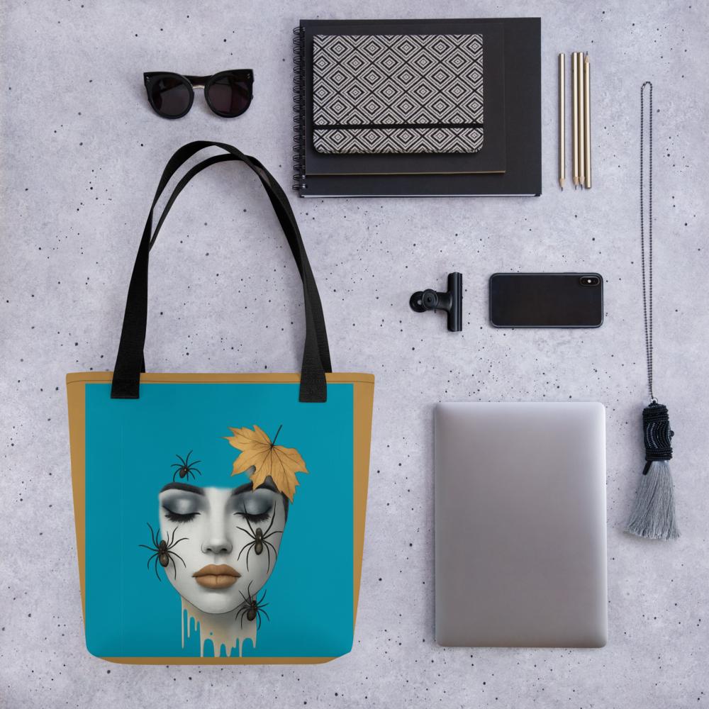 Blue & Brown Halloween Tote Bag – 15”x15” Spooky-Chic Fall Fashion Accessory