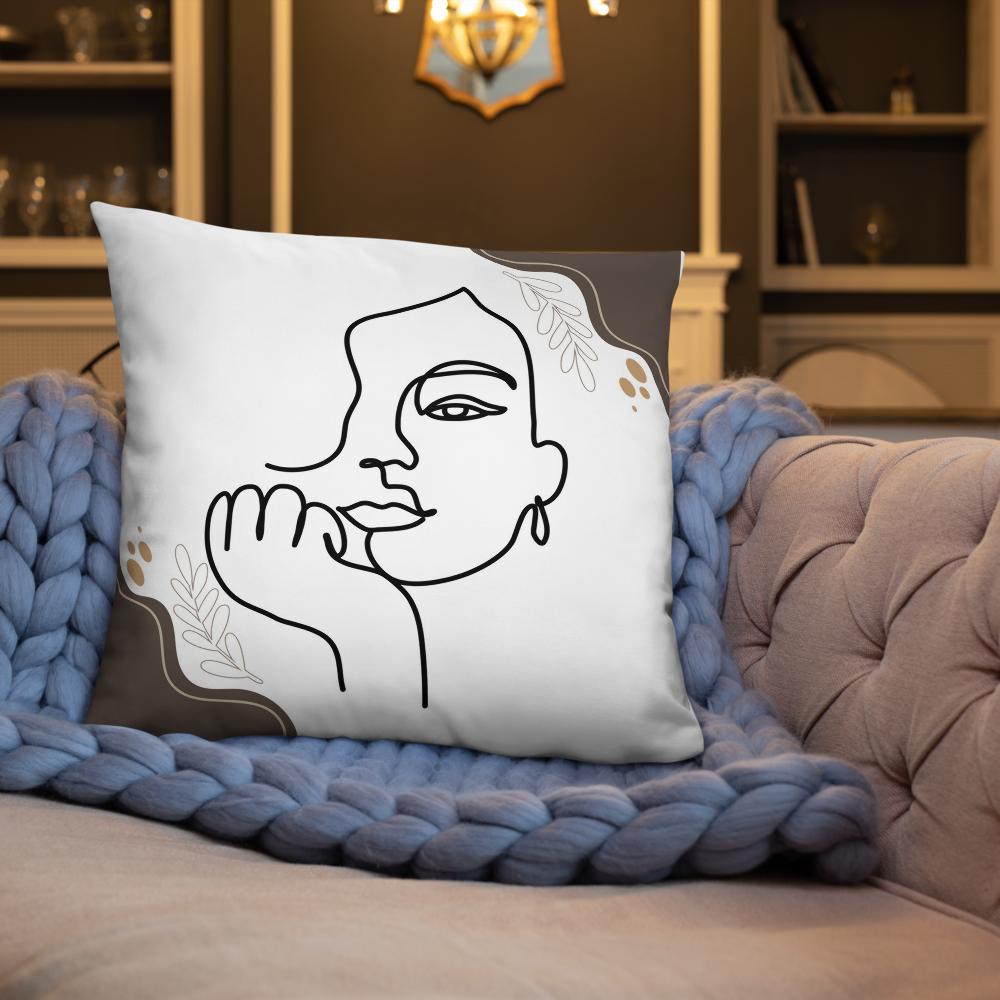 White Throw Pillow with Brown Boho Designs & Minimalist Woman Face Line Art – 22x22”