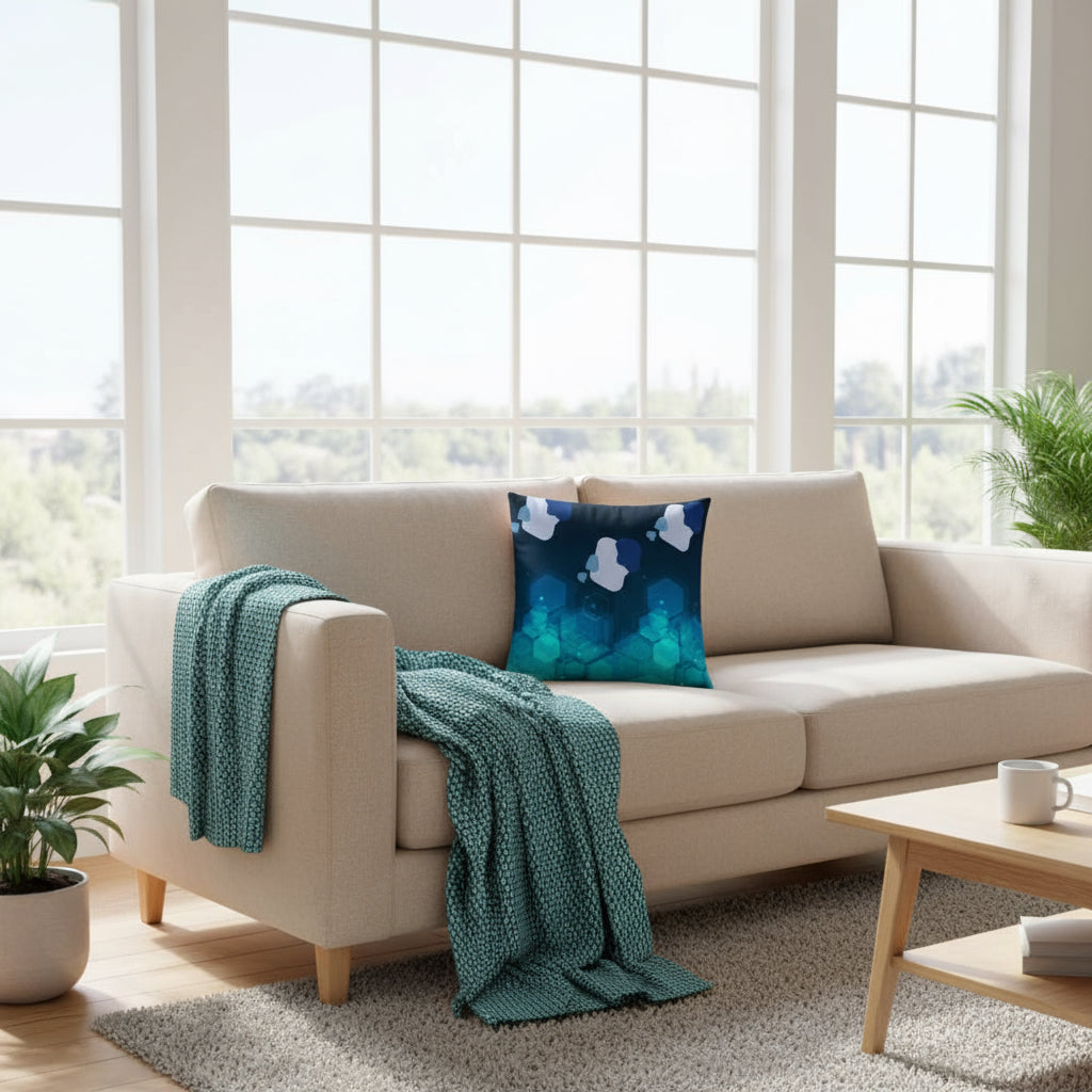 Dark Blue Throw Pillow with Geometric Shapes – 18x18” | Green, Blue & Gray Modern Design