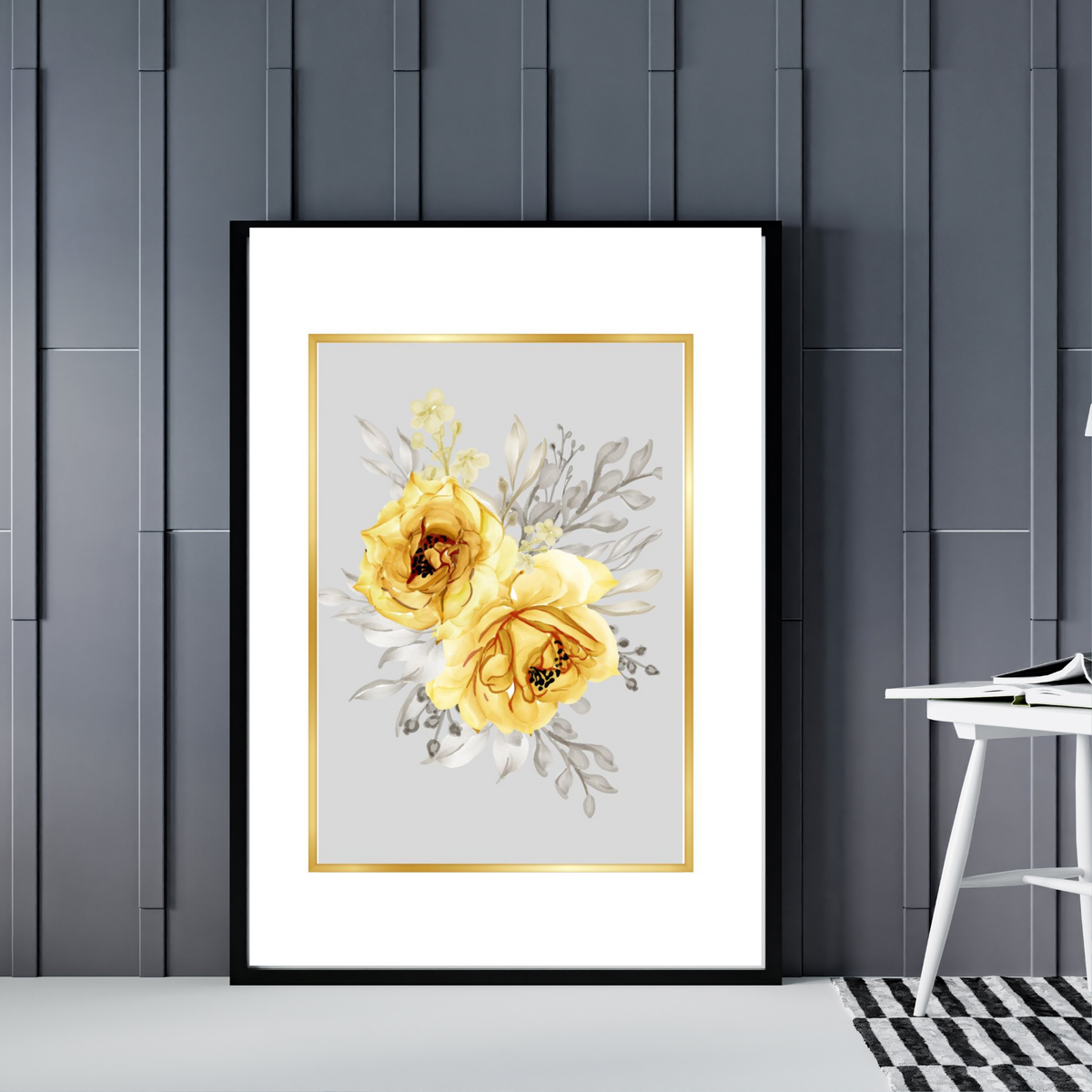 Gold Border Gray Center Yellow Flower – 2 Piece Digital Wall Art Set – Digital Download