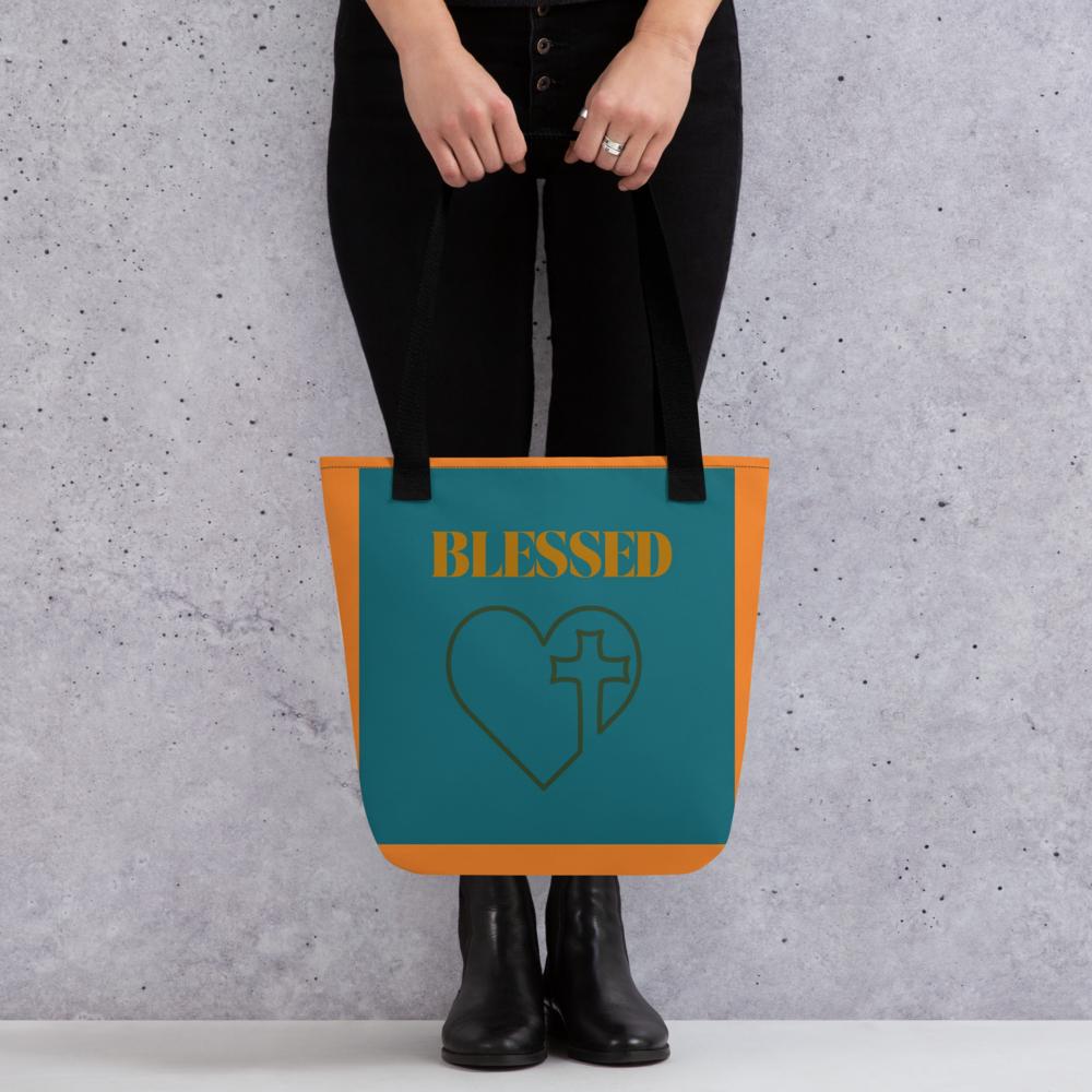 Green & Orange “Blazed with Love” Tote Bag with Cross – 15”x15” Thanksgiving & Everyday Carryall