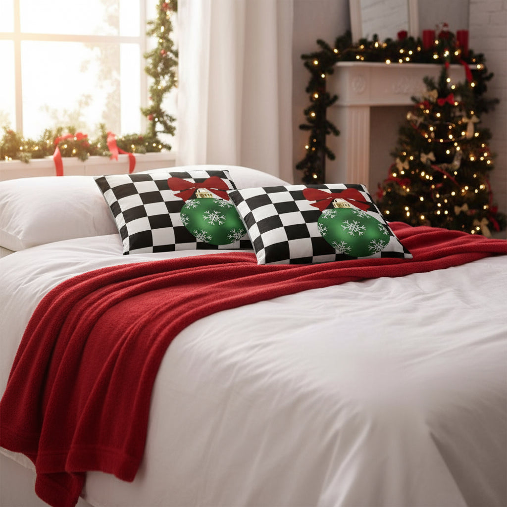 Black & White Checkered Christmas Throw Pillow | Farmhouse Holiday Decor Cushion | Festive Plaid Accent Pillow for Living Room or Bedroom (18x18 & 22x22)