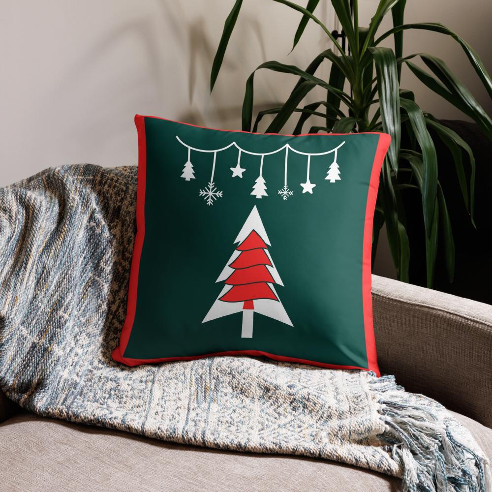 Festive Green & Red Christmas Tree Throw Pillow – 22x22” Holiday Cushion for Living Room & Bedroom Decorating