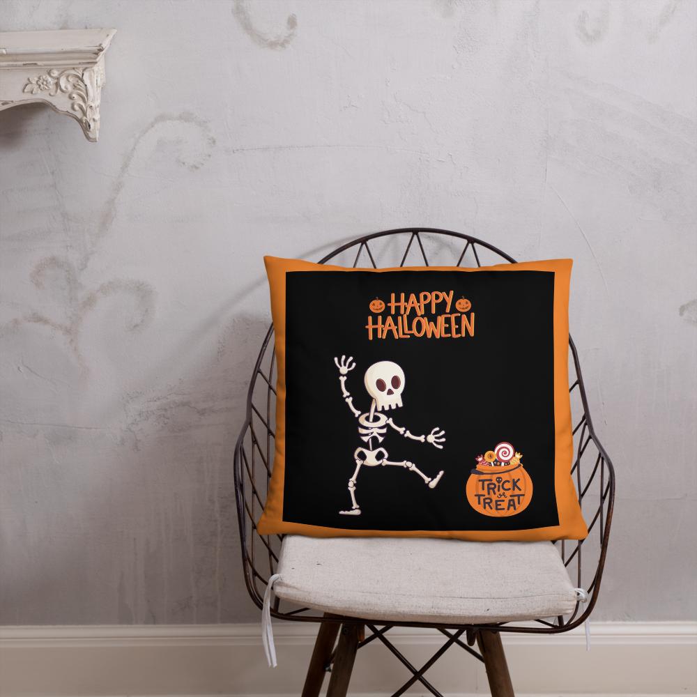 Happy Halloween Skeleton & Candy Treats Throw Pillow – Black & Orange 22x22” Decorative Cushion