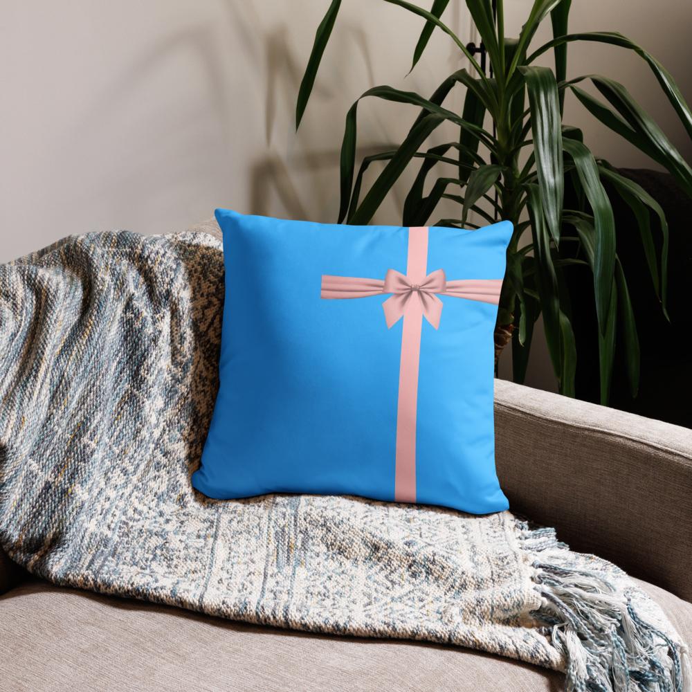 Blue Throw Pillow with Pink Line & Bow – 18x18” & 22x22”