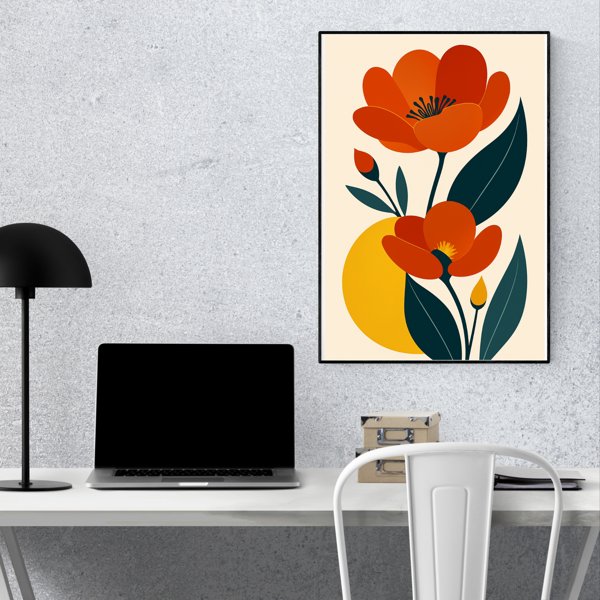 Orange Botanical Flower Wall Art – Minimalist Off-White Background